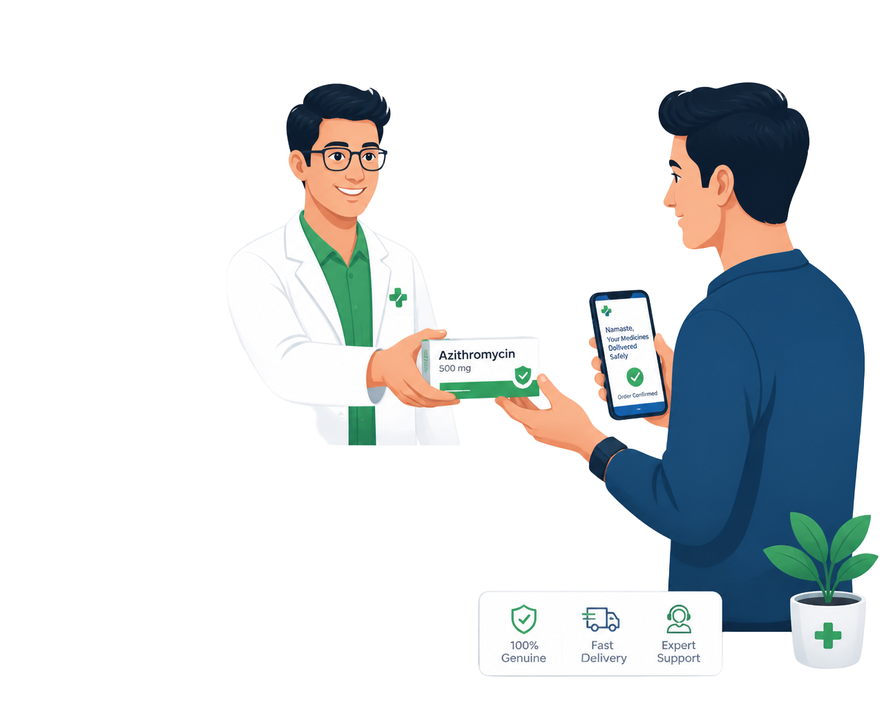 Pharmacist handing a medicine package to a customer using the ANSA MEDS app